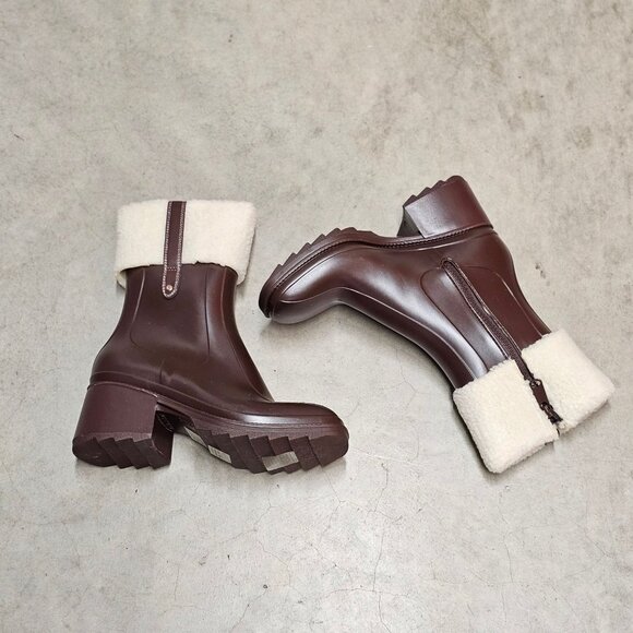 Brown Faux Leather Block Heel Boots With Shearling Cuff & Side Zipper Closure - Picture 4 of 7